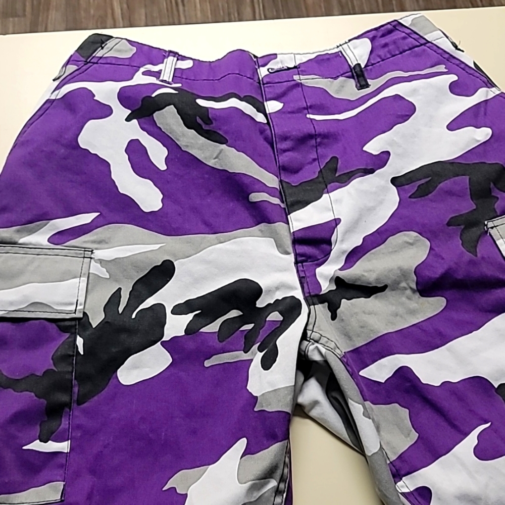 Purple camo cargo shorts